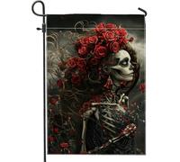 Bandiera da giardino con scheletro autunnale di Halloween, rose rosse floreali gotiche, decorazione per la casa, bandiere da giardino, bandiera da cortile a doppia faccia, decorazione stagionale per