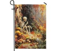Bandiera da giardino con scheletro autunnale, foglie autunnali colorate e funghi per esterni, bandiera a doppia faccia per cortile decorazione per patio di Halloween 30,5 x 45,7 cm
