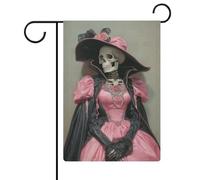 Bandiera da giardino con scheletro che indossa un abito rosa con mantello nero e bandiera da giardino per vacanze stagionali su entrambi i lati, 30,5 x 45,7 cm