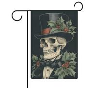 Bandiera da giardino con scheletro che indossa un elegante cappello a cilindro, per vacanze stagionali, in iuta, double face, per casa, cortile, esterni, 30,5 x 45,7