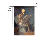 Bandiera da giardino con scheletro che legge un giornale Dark Academia da giardino, 30 x 45 cm, verticale, double face, decorazione per casa colonica, vacanze, esterni, bandiera da cortile