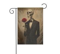 Bandiera da giardino con scheletro che tiene una rosa rossa, 30 x 45 cm, verticale, double face, decorazione per casa colonica, vacanze, esterni, bandiera da cortile