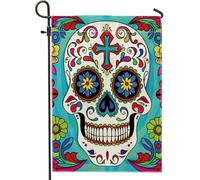 Bandiera da giardino con scheletro del giorno dei morti, design a teschio colorato, decorazione per primavera, estate, autunno, cortile, tessuto double-face, decorazione per esterni, 30,5 x 45,7 cm