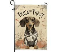 Bandiera da giardino con scheletro di cane di Halloween, decorazione per esterni con bassotto beige, striscione da cortile in iuta su entrambi i lati per celebrazione autunnale 30,5 x 45,7 cm