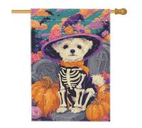 Bandiera da giardino con scheletro di cane di Halloween, striscione decorativo floreale con zucca colorata, bandiera da cortile su entrambi i lati per decorazione esterna del prato 71 x 101 cm