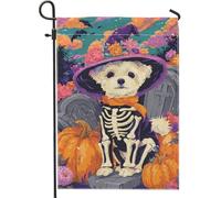 Bandiera da giardino con scheletro di cane di Halloween, striscione decorativo floreale con zucca colorata, bandiera da cortile su entrambi i lati per decorazione esterna del prato 30,5 x 45,7 cm