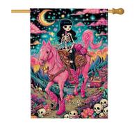 Bandiera da giardino con scheletro di cavallo pesco, decorazione per esterni colorata con teschio e luna, striscione in iuta su entrambi i lati per decorazione autunnale del prato 71 x 101 cm