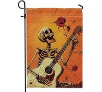 Bandiera da giardino con scheletro di Halloween, motivo teschio, rosa, floreale, arancione, decorazione per il patio, double face, tela di iuta, decorazione per l'arte esterna, 30,5 x 45,7 cm