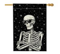 Bandiera da giardino con scheletro di Halloween, striscione decorativo spettrale nero con stelle, bandiera da cortile in iuta su entrambi i lati per decorazione esterna del prato 71 x 101 cm