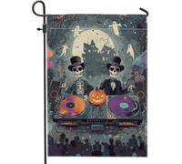 Bandiera da giardino con scheletro di Halloween, zucca colorata e fantasmi, decorazione per esterni, striscione in iuta su entrambi i lati per feste autunnali e decorazione del prato 30,5 x 45,7 cm