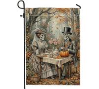 Bandiera da giardino con scheletro, fantasioso set da tè vintage con zucche autunnali arancioni su entrambi i lati, bandiere decorative per esterni, patio, prato, portico anteriore, balcone, 30,5 x