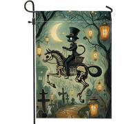 Bandiera da giardino con scheletro fantasma di Halloween, personaggio nero spaventoso, decorazione per luna piena all'aperto, bandiera in iuta a due lati, decorazione per prato stagionale