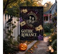 Bandiera da giardino con scheletro gotico, coppia romantica, 30,5 x 45,7 | Tema romantico gotico, bandiera del prato, accenti floreali scuri, motivo a specchio vittoriano, decorazione stagionale