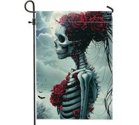 Bandiera da giardino con scheletro gotico di Halloween, rose rosse, cielo notturno, decorazione esterna, bandiera da cortile double face, per festa di vacanza, decorazione del prato, 30,5 x 45,7 cm