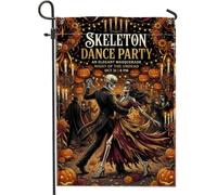 Bandiera da giardino con scheletro gotico, per Halloween, danza, coppia | Gothic Masquerade Theme, Yard Flag, Scheletri danzanti, Sfondo ornato a lume di candela, Zucche di raccolta autunnale