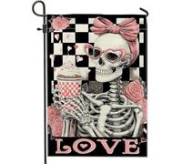 Bandiera da giardino con scheletro, motivo a cuori, stile vintage, con cupcake, per Halloween, pesca, su entrambi i lati, piccola bandiera da giardino per esterni, patio, prato, portico, balcone, 30,5
