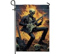 Bandiera da giardino con scheletro, motivo chitarra gotica di Halloween, in iuta nera, su entrambi i lati, decorativa, per esterni, portico, prato, patio, terrazza, 30,5 x 45,7 cm