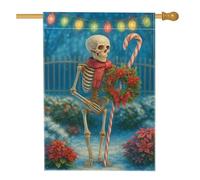 Bandiera da giardino con scheletro per le vacanze invernali, scena notturna blu con luci natalizie, striscione decorativo su entrambi i lati per decorazione esterna del prato 71 x 101 cm