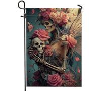 Bandiera da giardino con scheletro, rose gotiche di Halloween, farfalla, Halloween, pesca, juta, decorazione su entrambi i lati, per esterni, patio, prato, portico, balcone, 30,5 x 45,7 cm