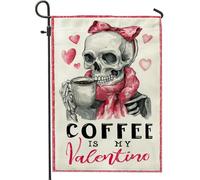 Bandiera da giardino con scheletro, San Valentino, cuori fantasiosi, tazza da caffè, San Valentino, rosso, su entrambi i lati, bandiere decorative per esterni, prato, portico, patio, ingresso, 30,5 x