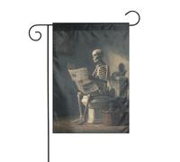 Bandiera da giardino con scheletro seduto su un WC, 30 x 45 cm, verticale, double face, decorazione per casa colonica, vacanze, esterni, cortile