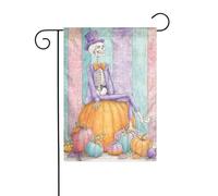Bandiera da giardino con scheletro seduto su una zucca, 30 x 45 cm, verticale, double face, decorazione per casa colonica, vacanze, esterni, bandiera da cortile