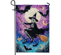 Bandiera da giardino con scheletro spettrale, decorazione viola per Halloween con pipistrelli e luna, striscione in iuta su entrambi i lati per decorazione autunnale all'aperto del prato 30,5 x 45,7