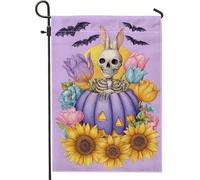 Bandiera da giardino con scheletro viola di Halloween, decorazione floreale colorata a forma di zucca, striscione in iuta su entrambi i lati per decorazione esterna del prato 30,5 x 45,7 cm