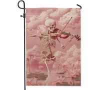 Bandiera da giardino con scheletro violinista, bandiera con scheletro floreale color pesca, bandiera decorativa su entrambi i lati, per Halloween, autunno, decorazione per la casa all'aperto, 30,5 x