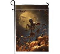 Bandiera da giardino con scheletro violinista di Halloween, zucca arancione e pipistrello, striscione decorativo per la casa, bandiera in iuta su entrambi i lati, decorazione per prato da esterni
