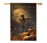 Bandiera da giardino con scheletro violinista di Halloween, zucca arancione e pipistrello, striscione decorativo per la casa, bandiera in iuta su entrambi i lati, decorazione da giardino per esterni