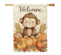 Bandiera da giardino con scimmia autunnale, simpatica zucca scimmia marrone, striscione decorativo per la casa, in iuta su entrambi i lati, decorazione per prato all'aperto, tema benvenuto per feste a