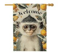 Bandiera da giardino con scimmia di benvenuto, graziosa decorazione con animali per autunno e festività, striscione botanico colorato per esterni, decorazione da giardino in iuta su entrambi i lati