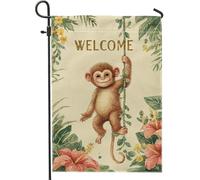 Bandiera da giardino con scimmia di benvenuto, striscione floreale tropicale beige per la casa, decorazione per esterni in iuta su entrambi i lati, per feste estive, prato, 30,5 x 45,7 cm