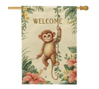 Bandiera da giardino con scimmia di benvenuto, striscione floreale tropicale beige per la casa, decorazione per esterni in iuta su entrambi i lati, per feste estive, prato, 71 x 101 cm