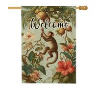 Bandiera da giardino con scimmia tropicale di benvenuto, bandiera vintage con fiori della giungla, striscione decorativo per la casa, doppio lato, decorazione per esterni per la primavera e l'estate