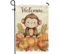 Bandiera da giardino con scimmie autunnali, simpatica scimmia marrone zucca, decorazione per la casa, in iuta su entrambi i lati, decorazione per prato all'aperto, tema benvenuto, 30,5 x 45,7 cm