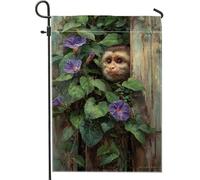 Bandiera da giardino con scimmie primaverili ed estive, con foglie floreali verdi e fiori viola, striscione decorativo per la casa, bandiera da giardino in iuta su entrambi i lati, decorazione per