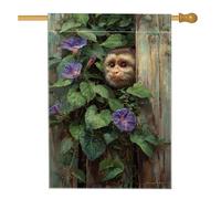 Bandiera da giardino con scimmie primaverili ed estive, foglie floreali verdi fiori viola, striscione decorativo per la casa, bandiera da giardino in iuta su entrambi i lati, decorazione per esterni