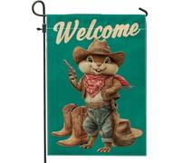 Bandiera da giardino con scoiattolo cowboy di benvenuto, bandiera verde con animali selvatici del selvaggio West, decorazione da esterno in iuta su entrambi i lati per feste autunnali, graziosa