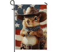 Bandiera da giardino con scoiattolo cowboy, striscione decorativo patriottico rosso, bianco e blu, stile rustico per il giorno dell'indipendenza, decorazione decorativa per prato esterno 30,5 x 45,7