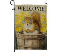 Bandiera da giardino con scoiattolo di benvenuto, decorazione per esterni con fiori gialli, decorazione per esterni, grazioso striscione in iuta con animali per la decorazione del prato, 30 x 45 cm