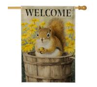 Bandiera da giardino con scoiattolo di benvenuto, decorazione per esterni con fiori gialli, decorazione per esterni, grazioso striscione in iuta con animali per decorazione del prato, 71 x 101 cm