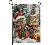 Bandiera da giardino con scoiattolo natalizio, decorazione natalizia rossa con regali e albero, bandiera invernale in iuta double-face per cortile, decorazione per esterni, 30,5 x 45,7 cm