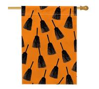 Bandiera da giardino con scopa di Halloween, striscione decorativo arancione con motivo scopa nera, bandiera da cortile in iuta su entrambi i lati per decorazione esterna del prato 71 x 101 cm