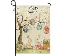 Bandiera da giardino con scritta "Happy East", color pastello, uova di Pasqua, conigli, decorazione per esterni, double face, decorazione per prato per le vacanze per la stagione primaverile, 30,5 x