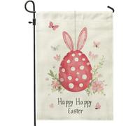 Bandiera da giardino con scritta "Happy Easter", a pois color pesca con orecchie di coniglio, decorazione primaverile per esterni, bandiera per prato su entrambi i lati, per decorazione natalizia