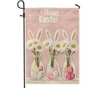 Bandiera da giardino con scritta "Happy Easter", con coniglietto di pesca, margherita, floreale, decorazione per la casa, in iuta su entrambi i lati, decorazione stagionale per esterni, 30,5 x 45,7 cm