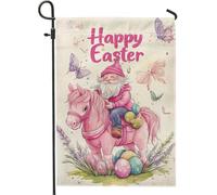 Bandiera da giardino con scritta "Happy Easter", decorazione primaverile con gnomo e cavallo, decorazione per esterni in iuta su entrambi i lati, per prato, farfalla e uova, 30,5 x 45,7 cm