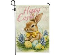 Bandiera da giardino con scritta "Happy Easter", grazioso coniglietto marrone e uova colorate, decorazione primaverile su entrambi i lati, per esterni, decorazione per prato per la casa, 30,5 x 45,7